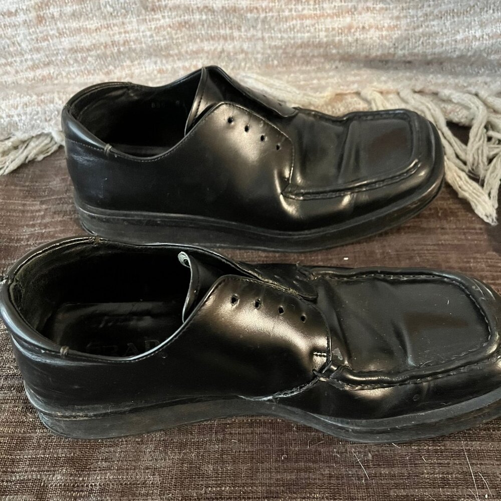 Vintage PRADA Men's Black Square Toe Lace Up Oxford Derby Euro Size 8 (US 8.5 - Picture 2 of 7